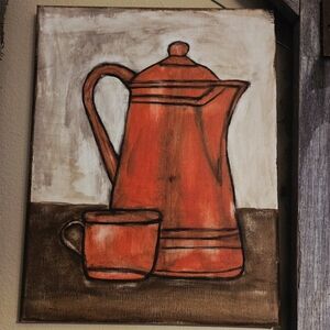 Rustic Coffee Pot and Mug Canvas Art Acrylic Paint One Of A Kind